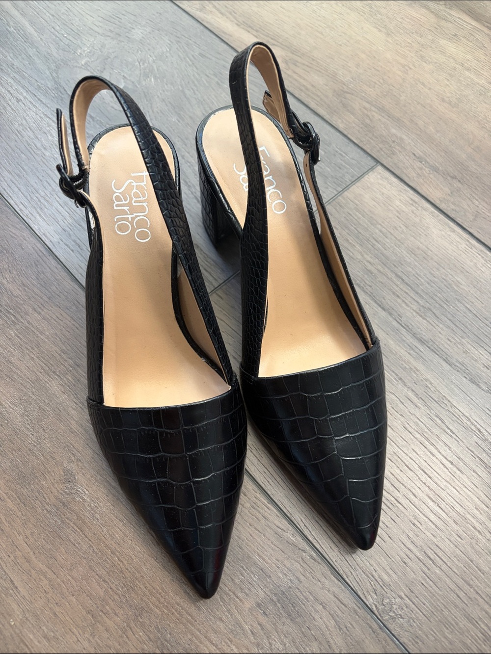 Franco Sarto Black Croc-Embossed Slingback Pointed Pumps
